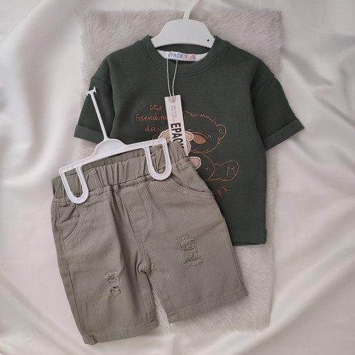 تیشرت شلوارک کتان پسرانه مدل خرسی