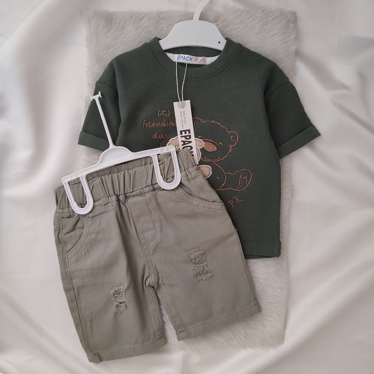 تیشرت شلوارک کتان پسرانه مدل خرسی